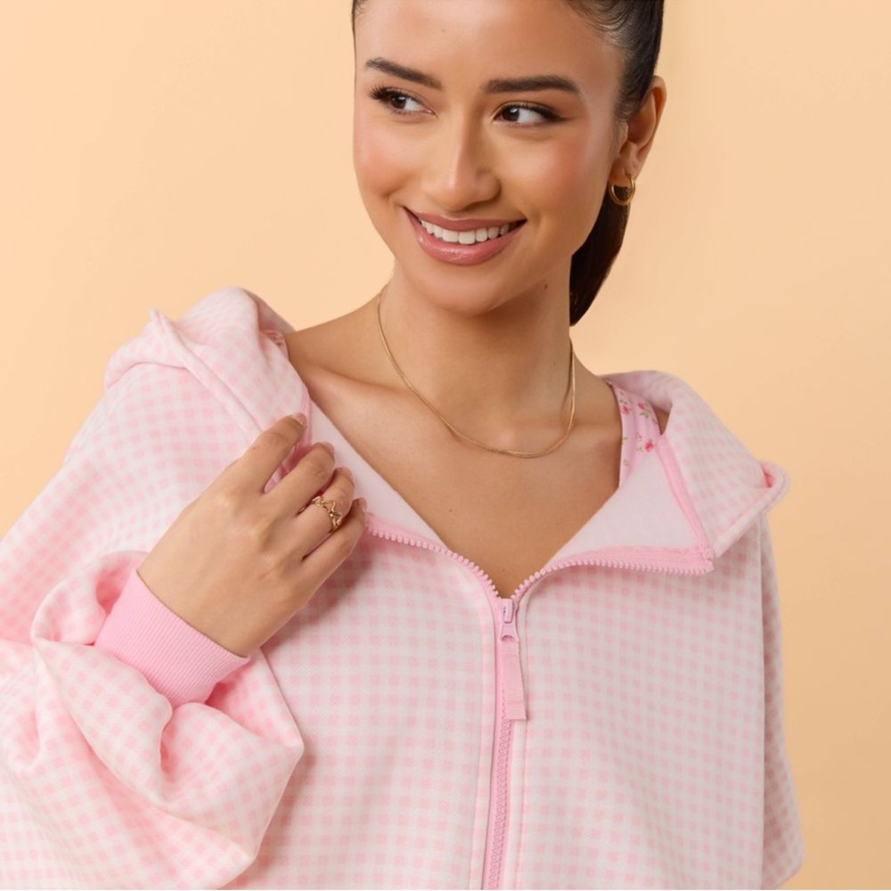 NWT Blogilates Marshmallow Full Zip Hooded Sweatshirt-Pink Gingham Size M - Picture 3 of 9